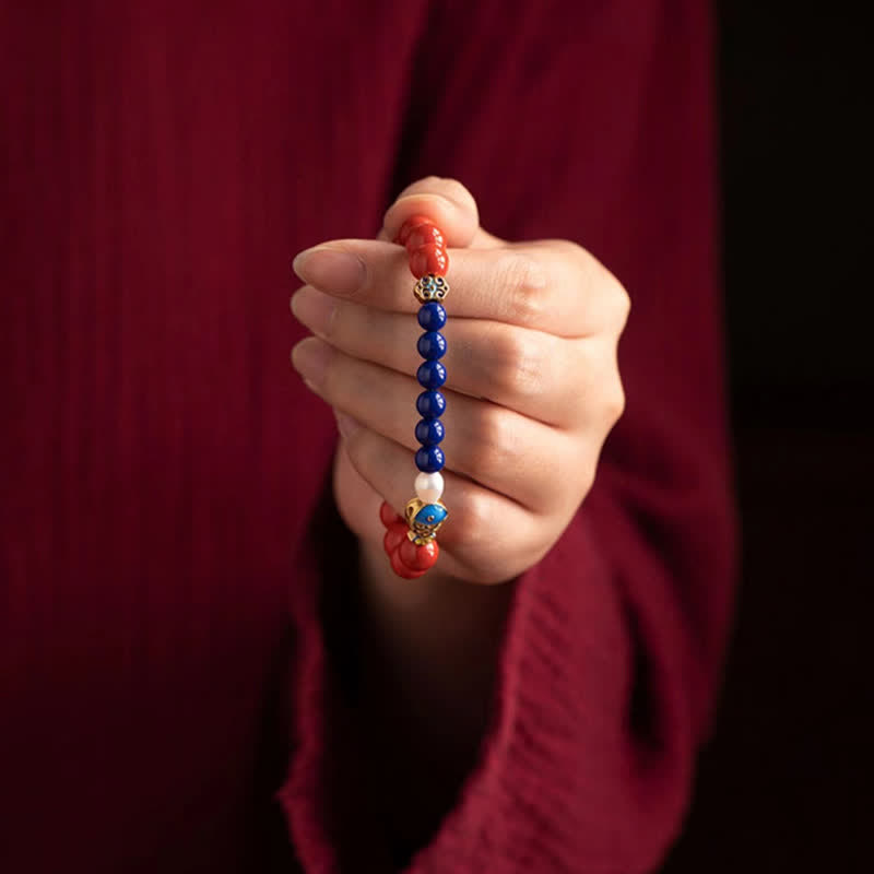Nimara Ritual Cinnabar Lapis Lazuli Koi Fish Ruyi Cloud Charm Blessing Beaded Bracelet