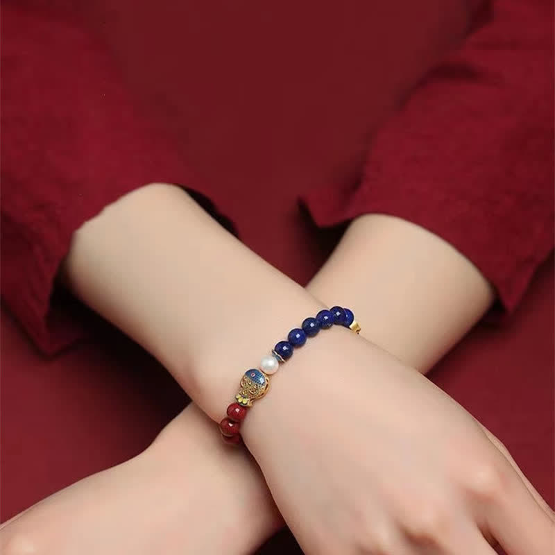 Nimara Ritual Cinnabar Lapis Lazuli Koi Fish Ruyi Cloud Charm Blessing Beaded Bracelet