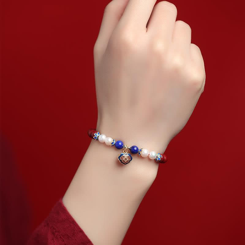Nimara Ritual Cinnabar Lapis Lazuli Chinese Lock Charm Blessing Bracelet