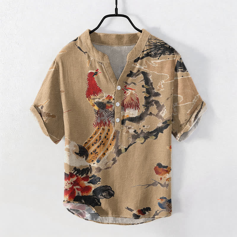 Nimara Ritual Cotton Rooster Floral Ink Pattern Men's Short Sleeve Half Button Shirt