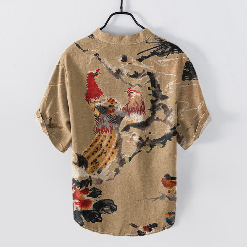 Nimara Ritual Cotton Rooster Floral Ink Pattern Men's Short Sleeve Half Button Shirt