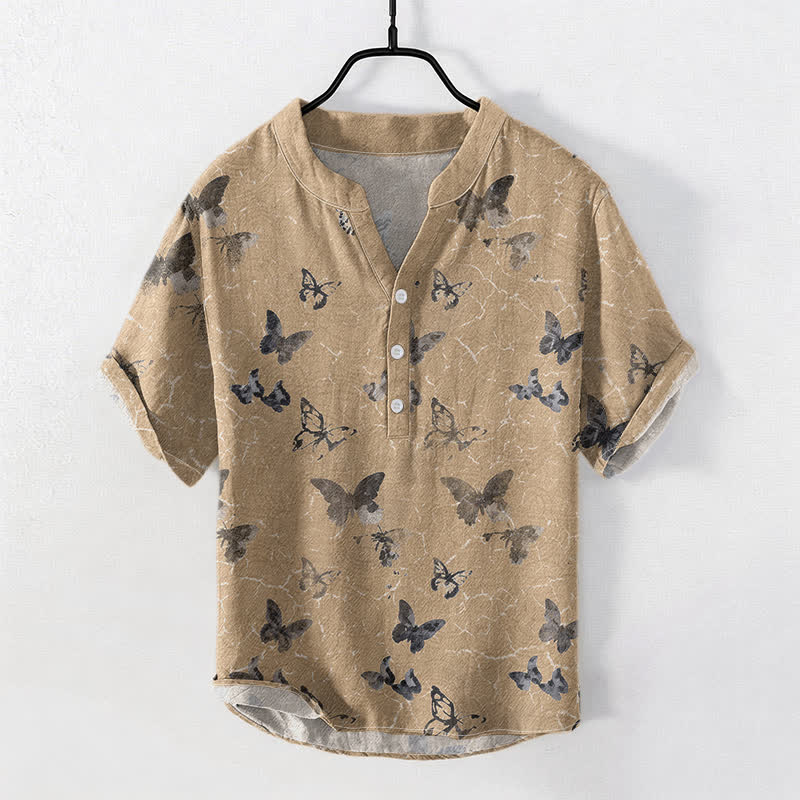 Nimara Ritual Cotton Butterfly Pattern Men's Short Sleeve Half Button Shirt