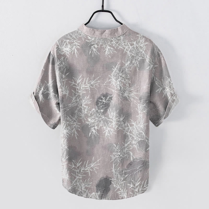 Nimara Ritual Cotton Bamboo Leaf Pattern Men's Short Sleeve Half Button Shirt