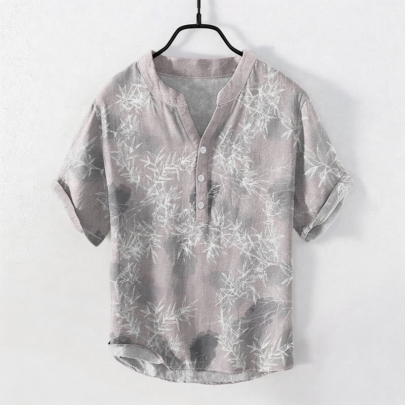 Nimara Ritual Cotton Bamboo Leaf Pattern Men's Short Sleeve Half Button Shirt
