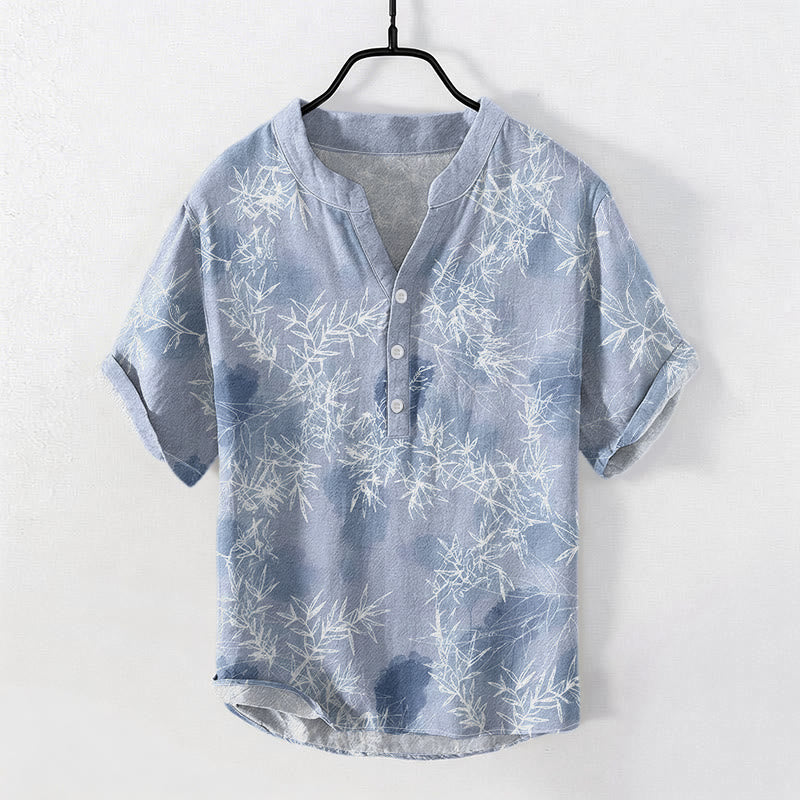 Nimara Ritual Cotton Bamboo Leaf Pattern Men's Short Sleeve Half Button Shirt