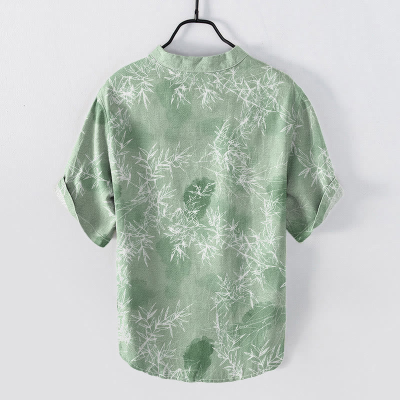 Nimara Ritual Cotton Bamboo Leaf Pattern Men's Short Sleeve Half Button Shirt
