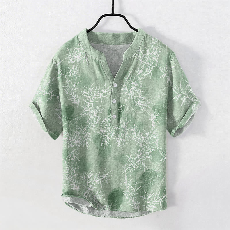 Nimara Ritual Cotton Bamboo Leaf Pattern Men's Short Sleeve Half Button Shirt