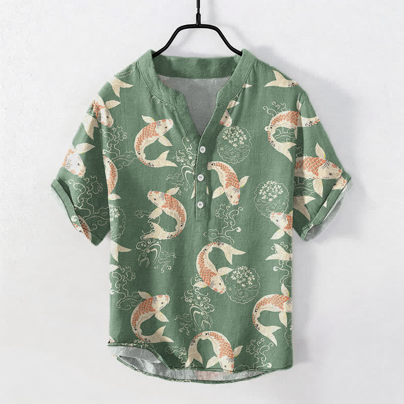 Nimara Ritual Cotton Koi Fish Ripple Pattern Men's Short Sleeve Half Button Shirt