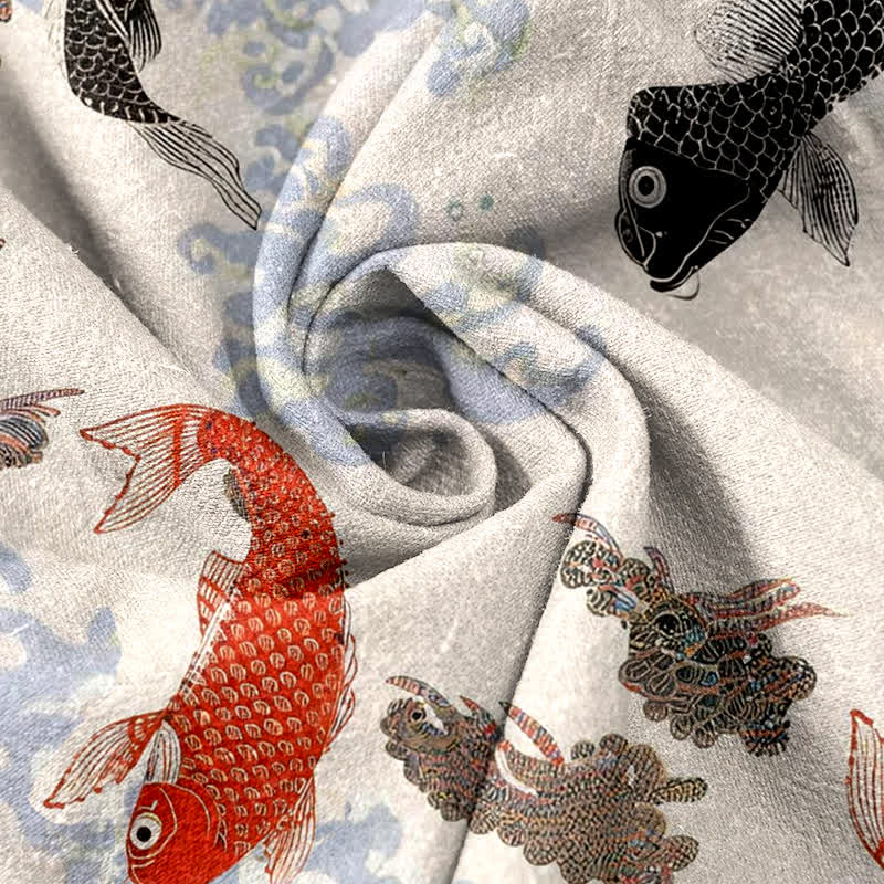Nimara Ritual Cotton Koi Fish Water Wave Pattern Men's Short Sleeve Half Button Shirt