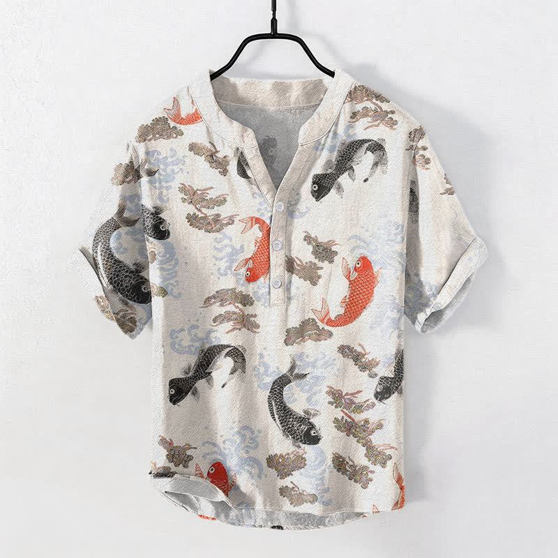 Nimara Ritual Cotton Koi Fish Water Wave Pattern Men's Short Sleeve Half Button Shirt