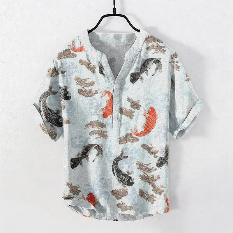Nimara Ritual Cotton Koi Fish Water Wave Pattern Men's Short Sleeve Half Button Shirt
