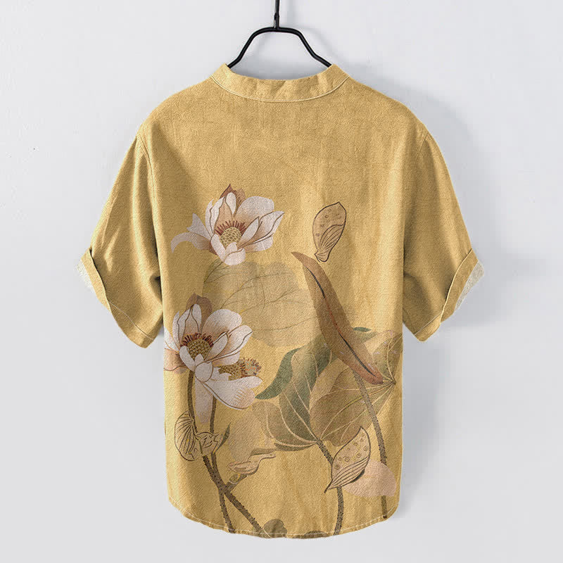 Nimara Ritual Cotton Hand Painted Lotus Pattern Men's Short Sleeve Half Button Shirt