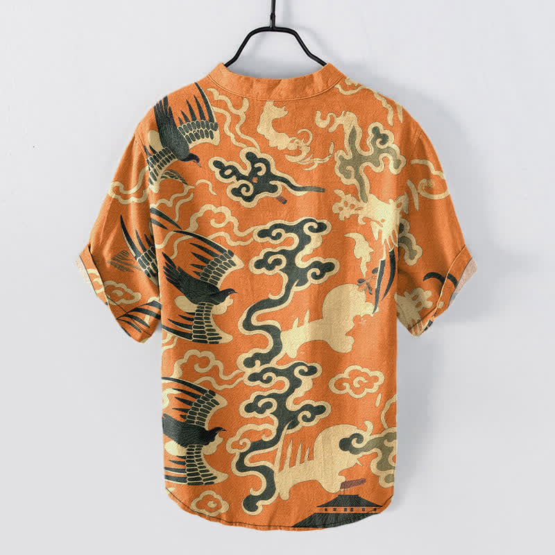 Nimara Ritual Cotton Crane Cloud Motif Pattern Men's Short Sleeve Half Button Shirt