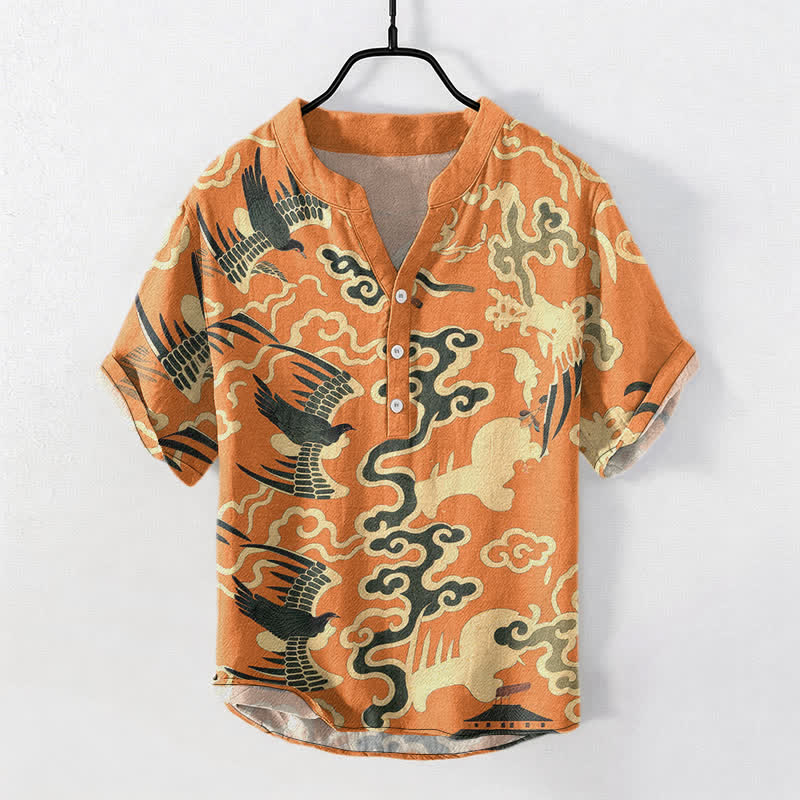 Nimara Ritual Cotton Crane Cloud Motif Pattern Men's Short Sleeve Half Button Shirt