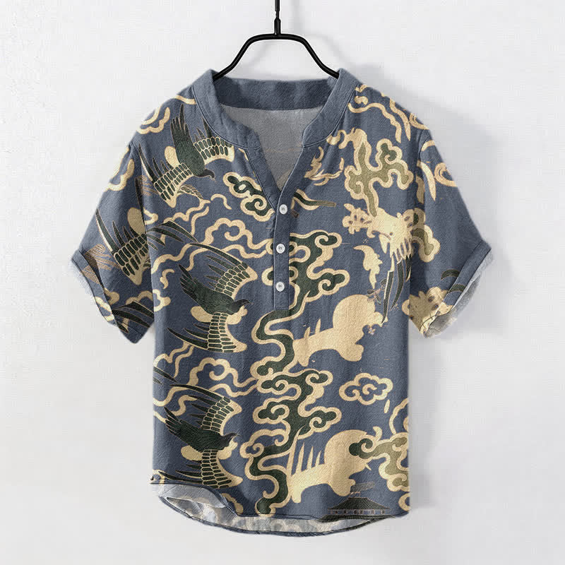 Nimara Ritual Cotton Crane Cloud Motif Pattern Men's Short Sleeve Half Button Shirt