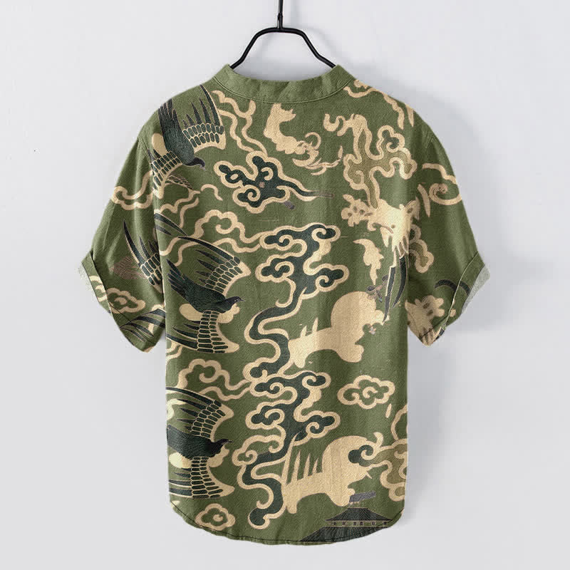 Nimara Ritual Cotton Crane Cloud Motif Pattern Men's Short Sleeve Half Button Shirt