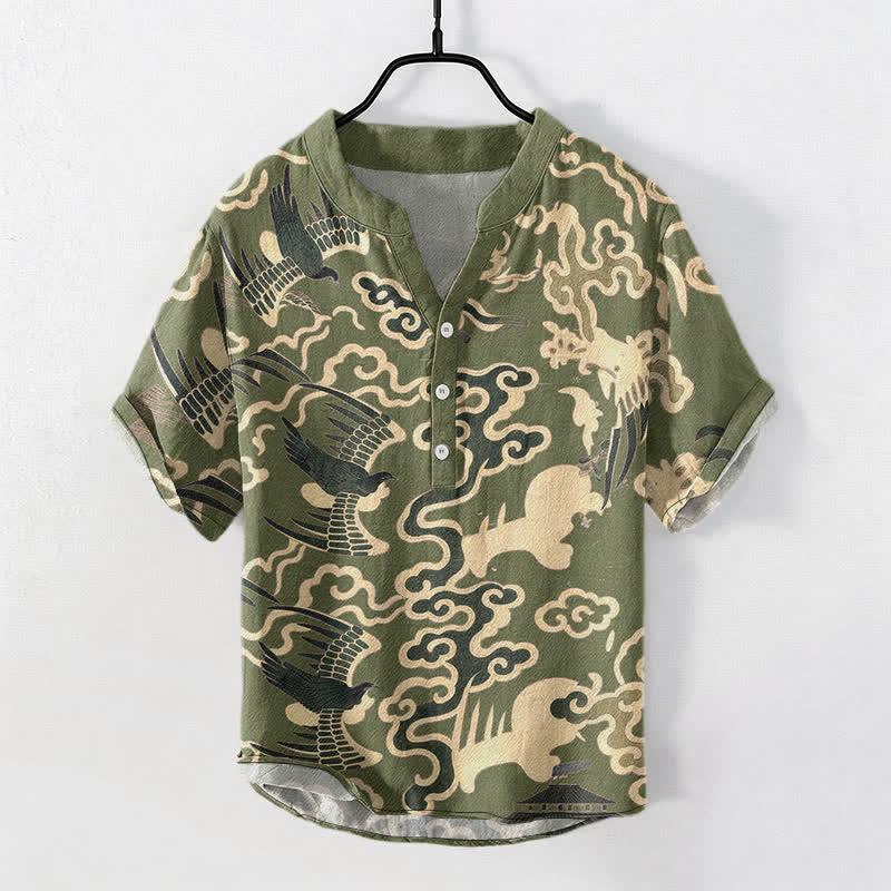 Nimara Ritual Cotton Crane Cloud Motif Pattern Men's Short Sleeve Half Button Shirt
