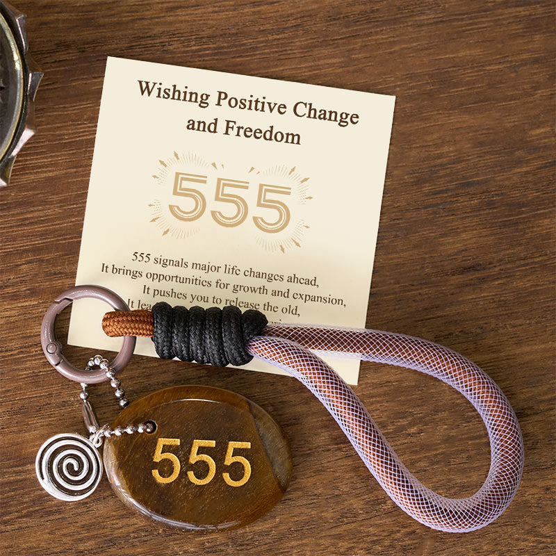 Nimara Ritual "Wishing Positive Change and Freedom" 555 Angel Number Natural Tiger Eye Key Chain Hanging Decoration Includes Gift Message Card