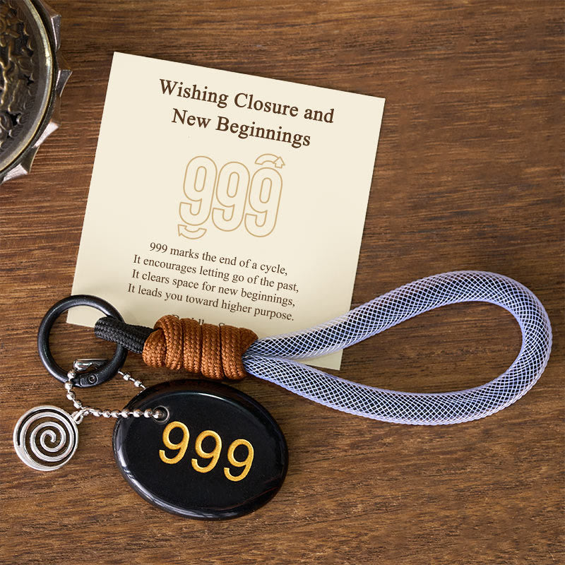 Nimara Ritual "Wishing Closure and New Beginnings" 999 Angel Number Natural Black Obsidian Key Chain Hanging Decoration Includes Gift Message Card