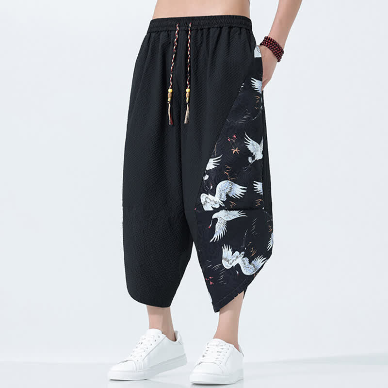 Nimara Ritual Summer Drawstring Tassel Crane Print Men's Harem Pants