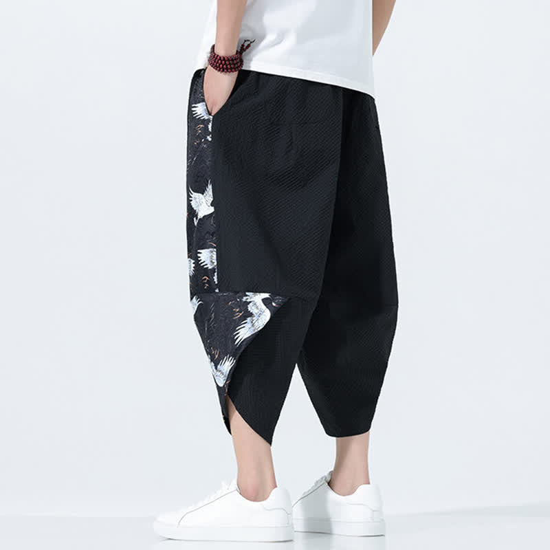 Nimara Ritual Summer Drawstring Tassel Crane Print Men's Harem Pants