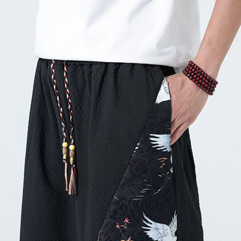 Nimara Ritual Summer Drawstring Tassel Crane Print Men's Harem Pants