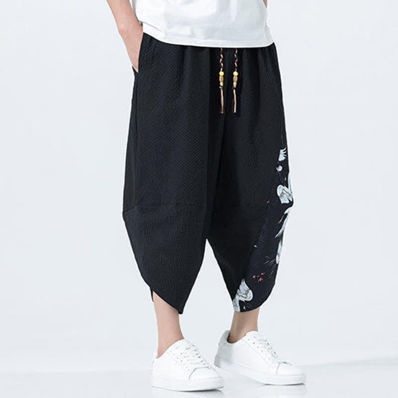 Nimara Ritual Summer Drawstring Tassel Crane Print Men's Harem Pants