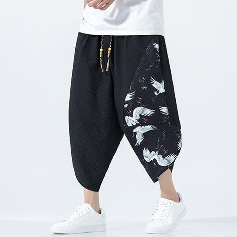Nimara Ritual Summer Drawstring Tassel Crane Print Men's Harem Pants