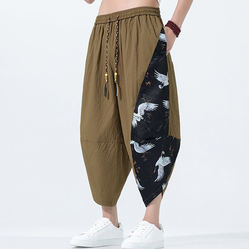 Nimara Ritual Summer Drawstring Tassel Crane Print Men's Harem Pants