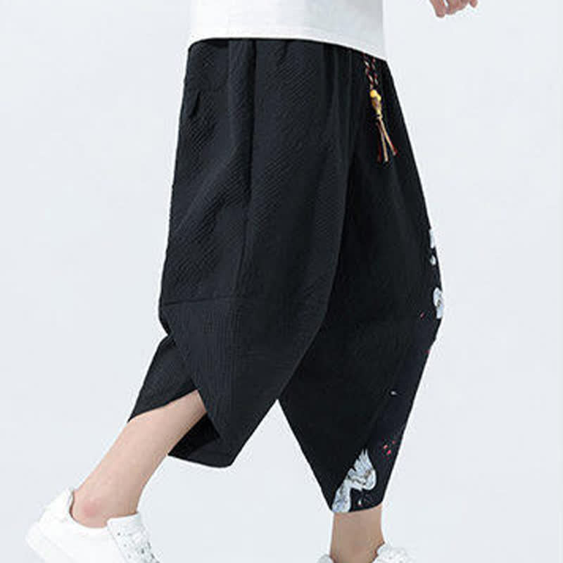 Nimara Ritual Summer Drawstring Tassel Crane Print Men's Harem Pants