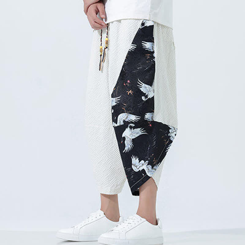 Nimara Ritual Summer Drawstring Tassel Crane Print Men's Harem Pants