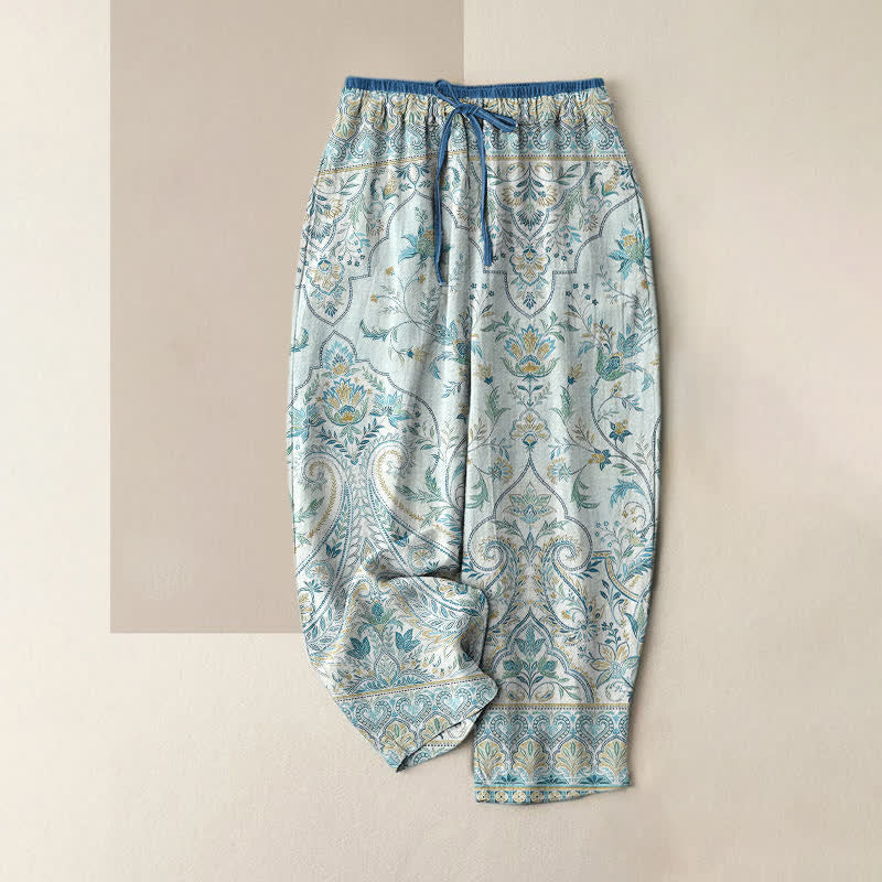 Nimara Ritual Summer Cotton Paisley Floral Pattern Women's Elastic Waist Pants With Pockets