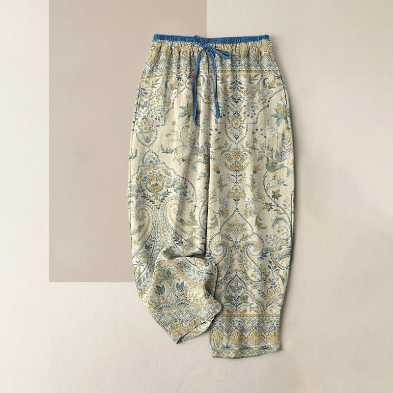 Nimara Ritual Summer Cotton Paisley Floral Pattern Women's Elastic Waist Pants With Pockets