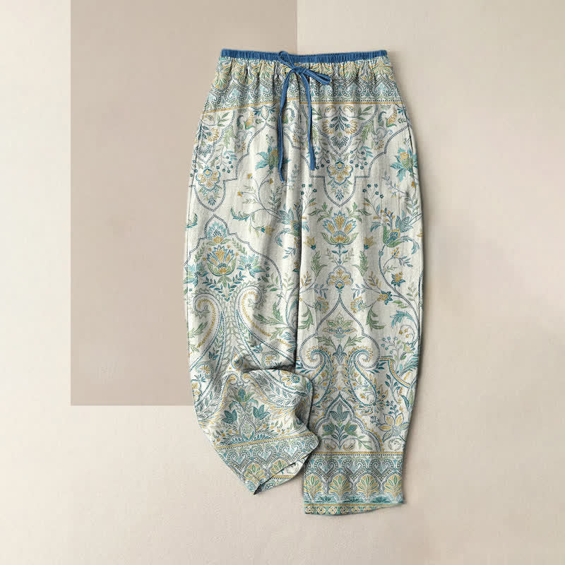 Nimara Ritual Summer Cotton Paisley Floral Pattern Women's Elastic Waist Pants With Pockets