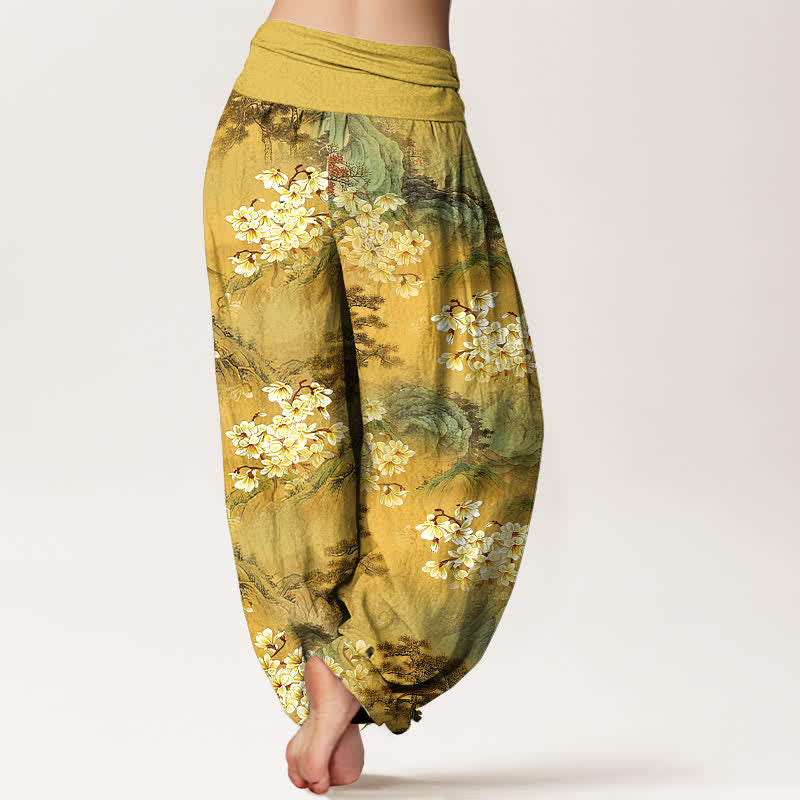 Nimara Ritual Pure Cotton Bohemian Watercolor Floral Pattern Women's Elastic Waist Harem Pants