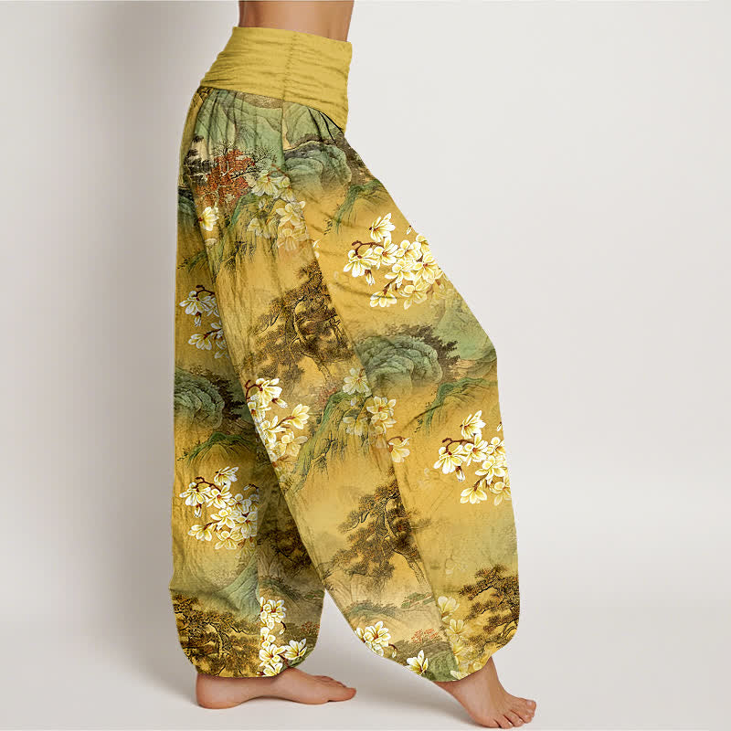 Nimara Ritual Pure Cotton Bohemian Watercolor Floral Pattern Women's Elastic Waist Harem Pants