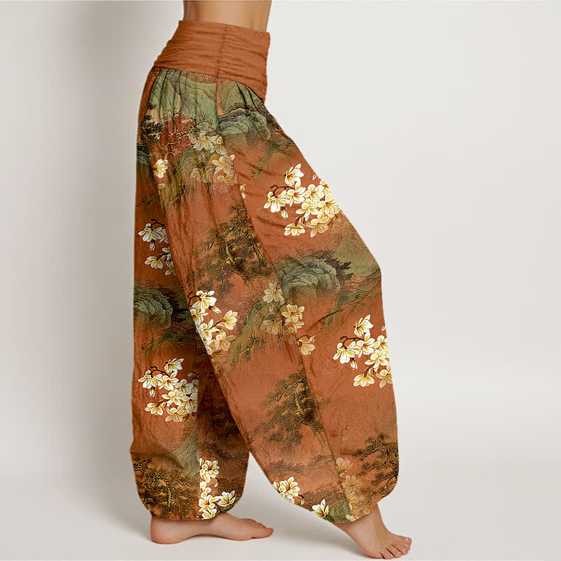 Nimara Ritual Pure Cotton Bohemian Watercolor Floral Pattern Women's Elastic Waist Harem Pants