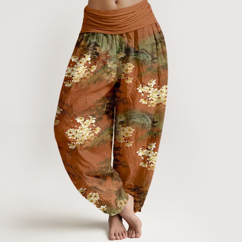 Nimara Ritual Pure Cotton Bohemian Watercolor Floral Pattern Women's Elastic Waist Harem Pants
