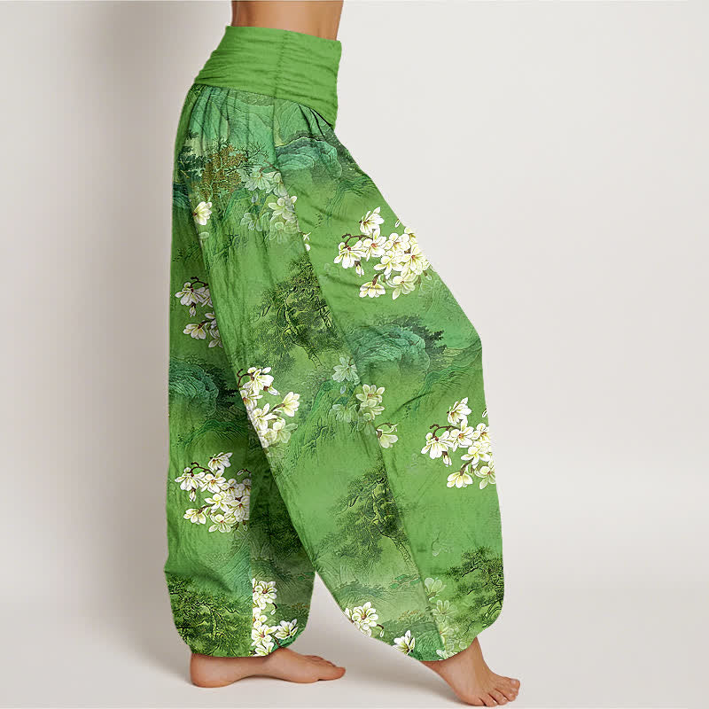 Nimara Ritual Pure Cotton Bohemian Watercolor Floral Pattern Women's Elastic Waist Harem Pants