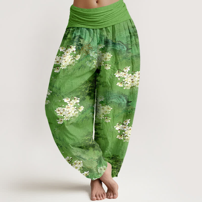 Nimara Ritual Pure Cotton Bohemian Watercolor Floral Pattern Women's Elastic Waist Harem Pants