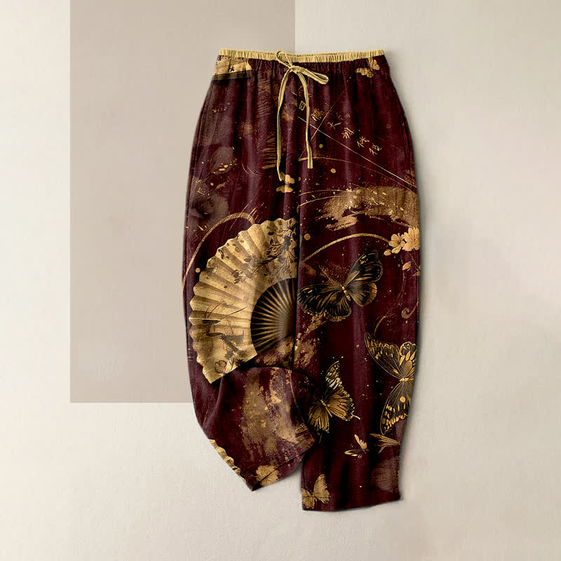Nimara Ritual Gold Foil Butterfly Fan Floral Pattern Women's Elastic Waist Pants With Pockets