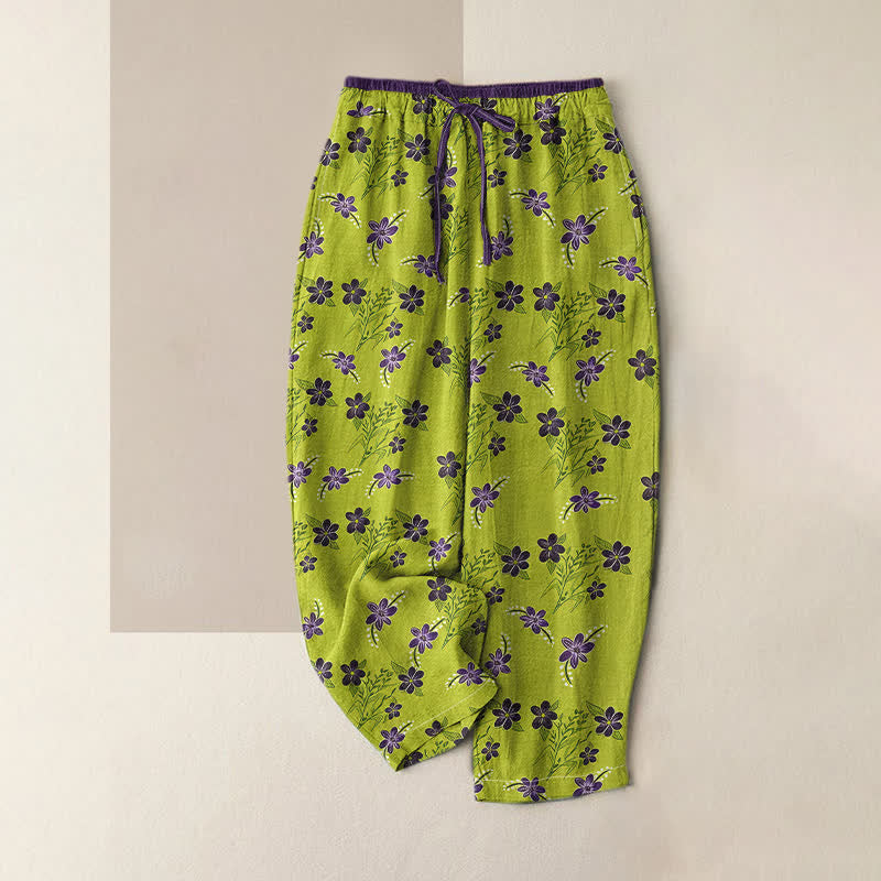 Nimara Ritual Pure Cotton Purple Floral Leaf Pattern Women's Elastic Waist Pants With Pockets