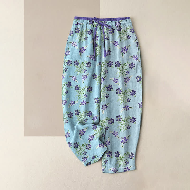 Nimara Ritual Pure Cotton Purple Floral Leaf Pattern Women's Elastic Waist Pants With Pockets
