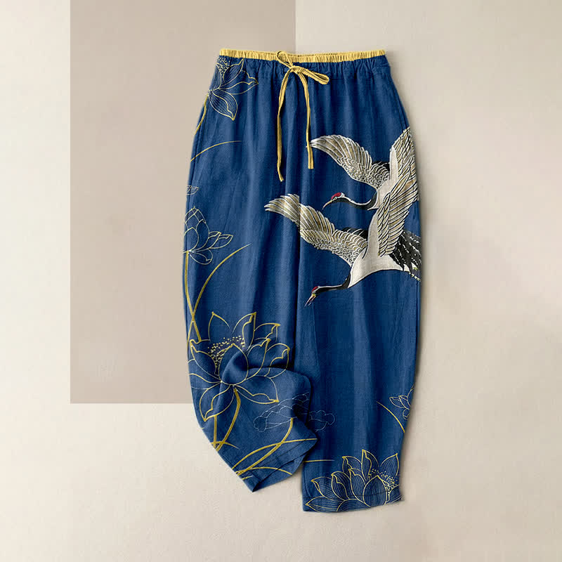 Nimara Ritual Pure Cotton Crane Lotus Pattern Women's Elastic Waist Pants With Pockets