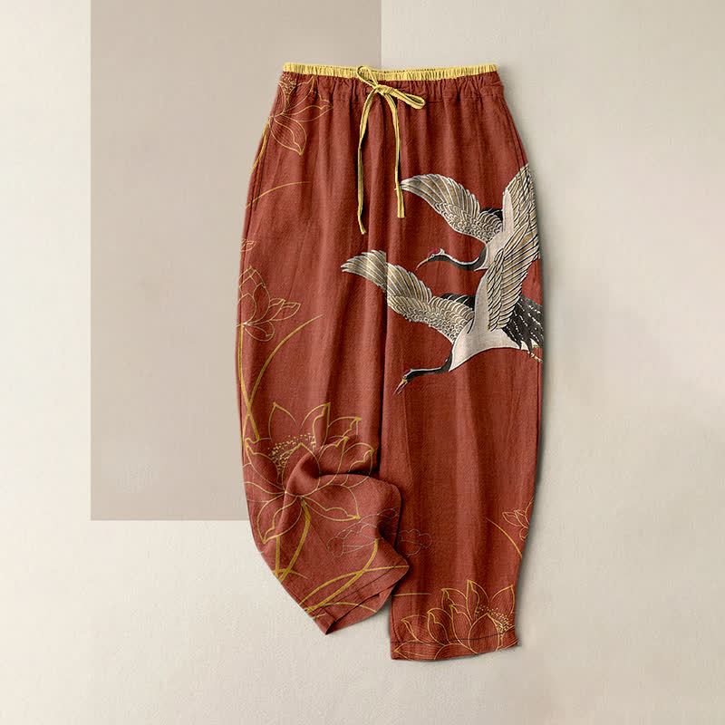 Nimara Ritual Pure Cotton Crane Lotus Pattern Women's Elastic Waist Pants With Pockets