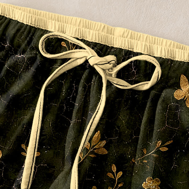 Nimara Ritual Pure Cotton Gold Butterfly Floral Pattern Women's Elastic Waist Pants With Pockets
