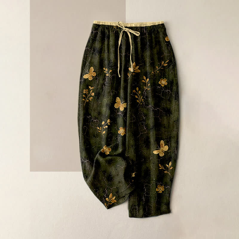 Nimara Ritual Pure Cotton Gold Butterfly Floral Pattern Women's Elastic Waist Pants With Pockets