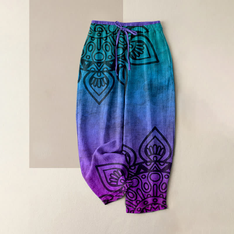 Nimara Ritual Pure Cotton Gradient Mandala Pattern Women's Elastic Waist Pants With Pockets