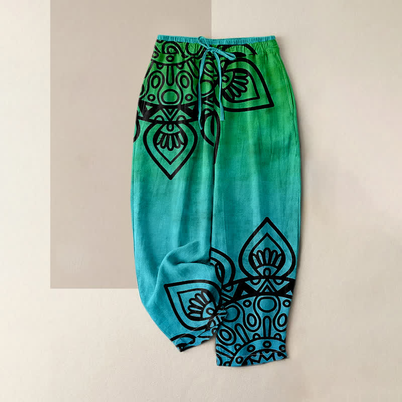 Nimara Ritual Pure Cotton Gradient Mandala Pattern Women's Elastic Waist Pants With Pockets