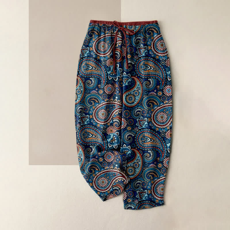 Nimara Ritual Pure Cotton Paisley Floral Print Women's Elastic Waist Pants With Pockets